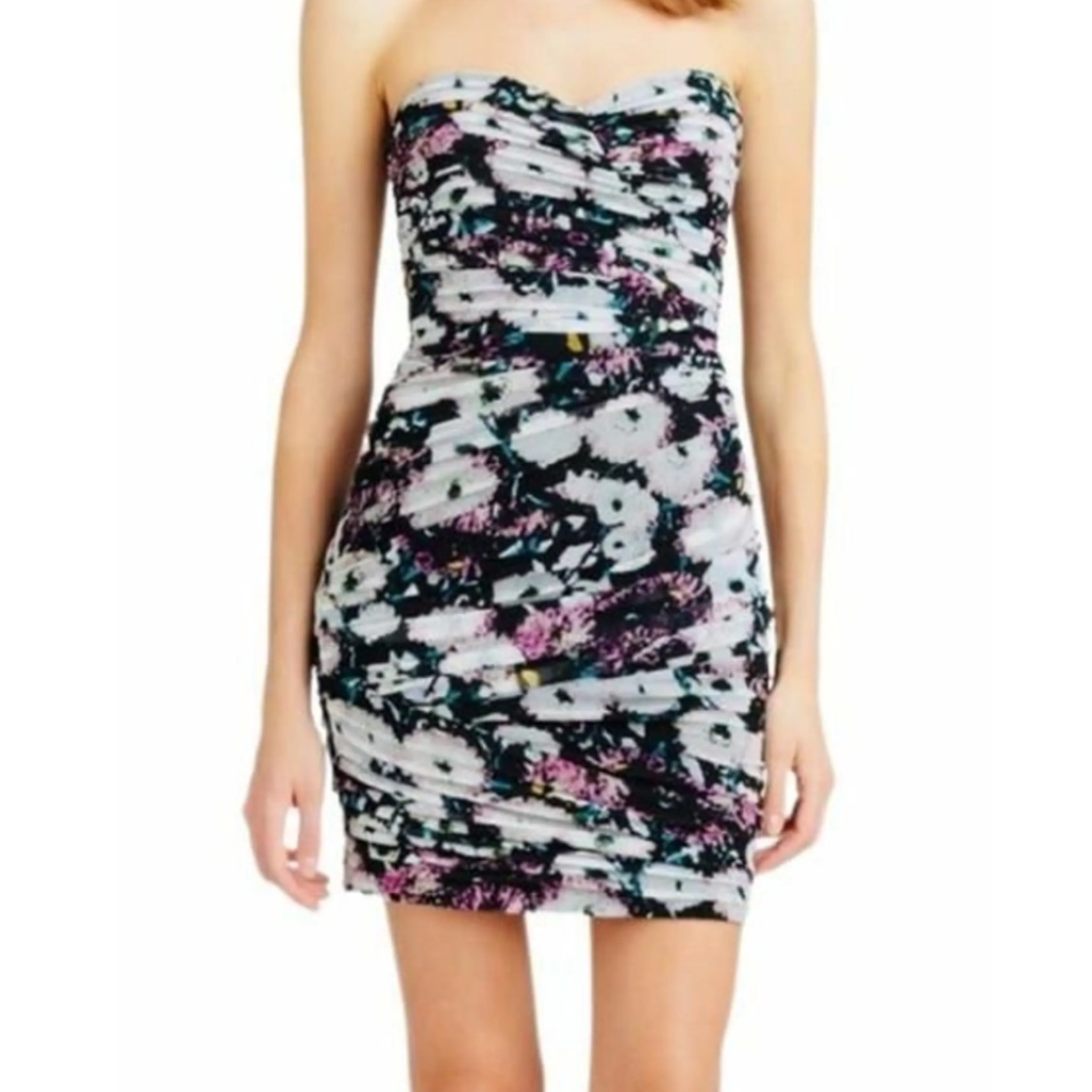 Bcbgmaxazria Strapless Dress With Black And Pink Floral Pattern